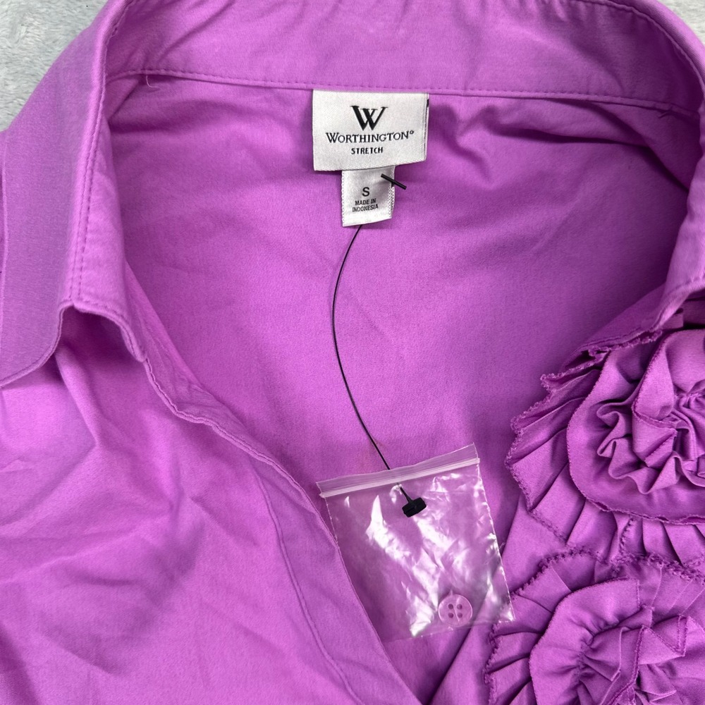 Worthington Purple Rosette Accent Short Puff Sleeve Button Down Blouse Small - Picture 5 of 5